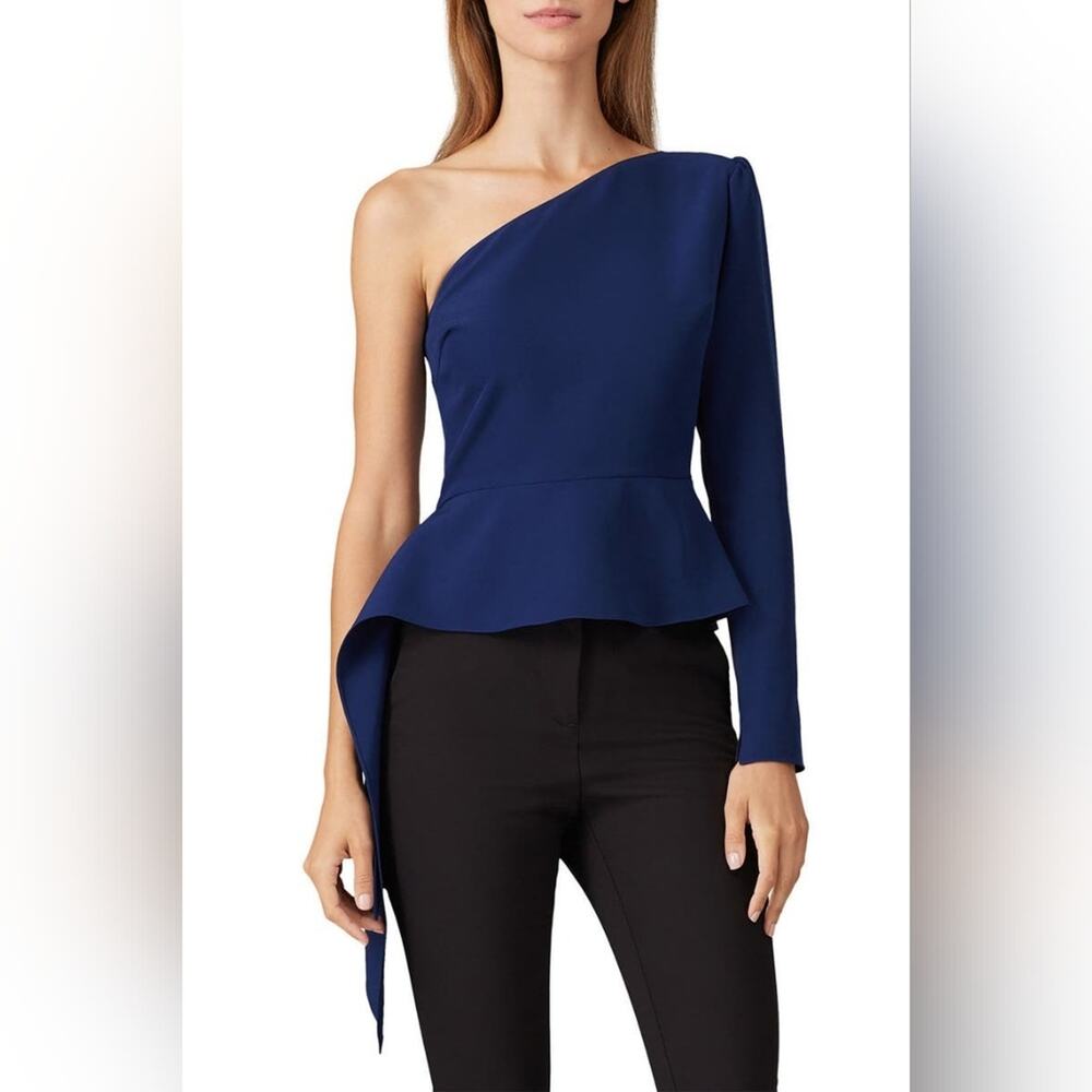 Rtr sz4 Christian Siriano Navy Peplum Drape Top One shoulder elegant blouse
